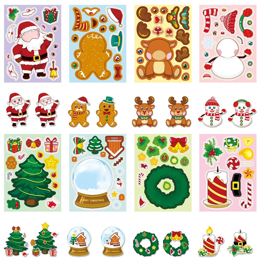 8/16 Stück süße Weihnachten machen ein Gesicht Puzzle Aufkleber Spiele DIY lustig machen Ihren eigenen Weihnachtsmann zusammenbauen Puzzle Aufkleber Partybevorzugung