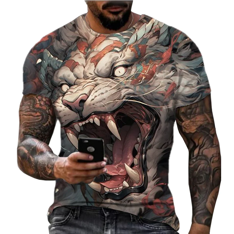 2024 New Men's 3D Printed Animal Lion Cat Harajuku Fashion Casual Loose Large Round Neck Short Sleeve T-shirt