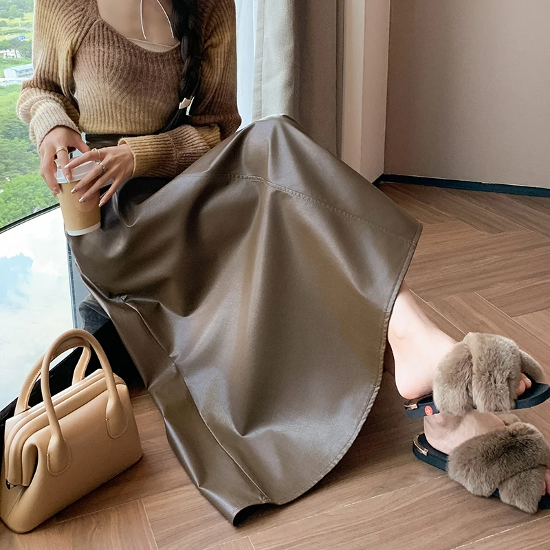 Schwarzer Rock aus PU-Leder für Damen, 2025, luxuriöse Herbst-Winter-Kleidung, hohe Taille, A-Linie, ausgestellter Rock, Vintage, schlanke lange Röcke für Damen