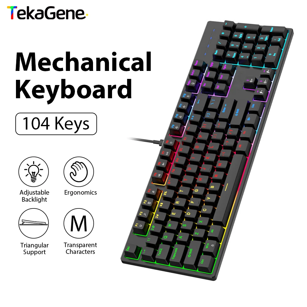 Mechanical Keyboard For Computer Laptop PC 104 Keys Wired Office Gaming Keyboards For Microsoft Windows IOS System RGB Blue Axis