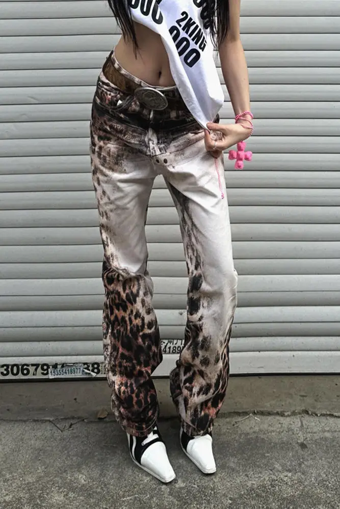 

2025 New Plus Size Vintage American Retro Jeans Women Digital Print Leopard Fading Denim Flared Pants Y2K Streetwear Hot Sale