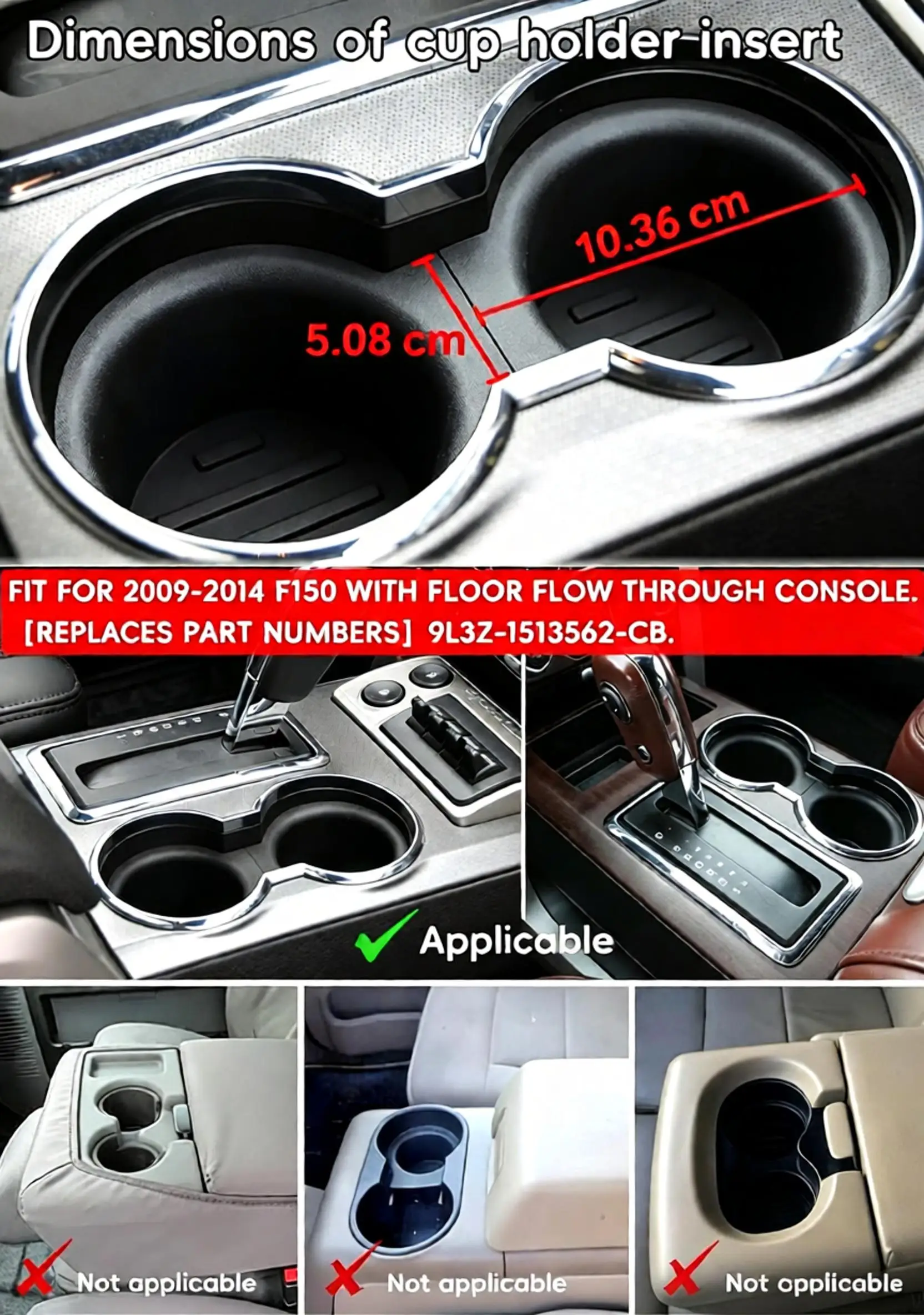 1 Pair Front Console Cup Holder Insert For Ford F150 2009-2014 with Flow Through Console Type only 9L3Z-1513562-A,9L3Z-1513562-B