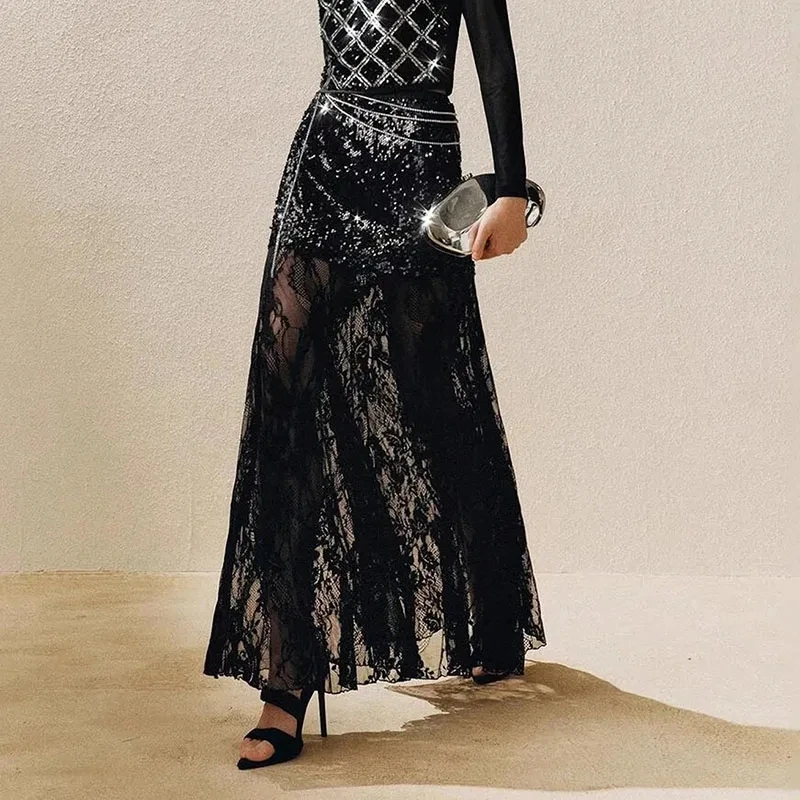 

Temperament High Waist Solid Pleated Skirts Lady Mesh Hollow Out Party A-line Skirts Lace Spliced Sequins See-through Maxi Skirt