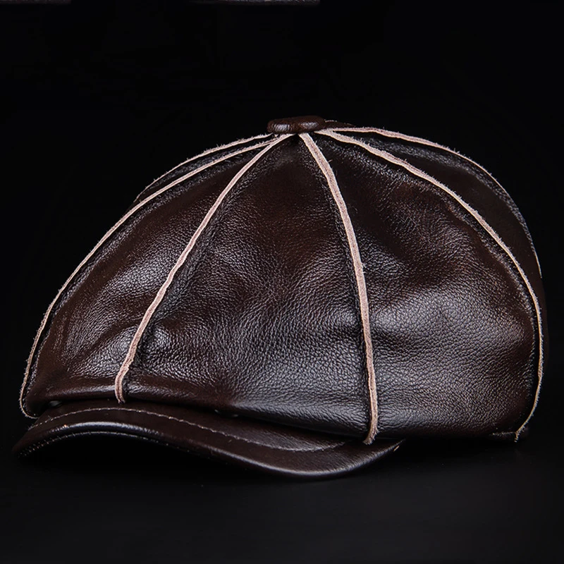 Autumn Winter Full Grain Genuine Cow Leather Octagonal Beret Cap For Men Outing Warm Retro Handmade Fashion Hat Adjustable Visor