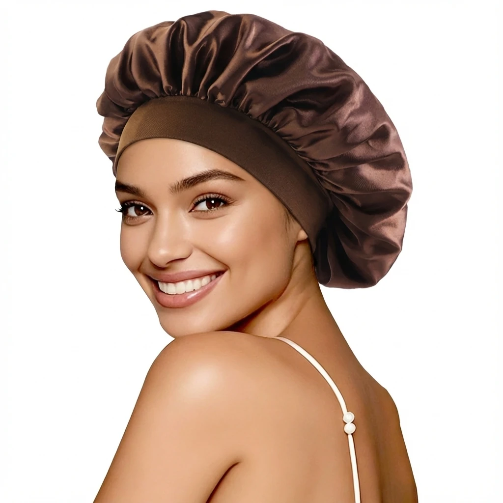 Neue Damen-Schlafmütze aus Satin in Uni-Farbe, atmungsaktiv und weich, Schlaf-Turban-Mütze für lockiges Haar. – Detail 10
