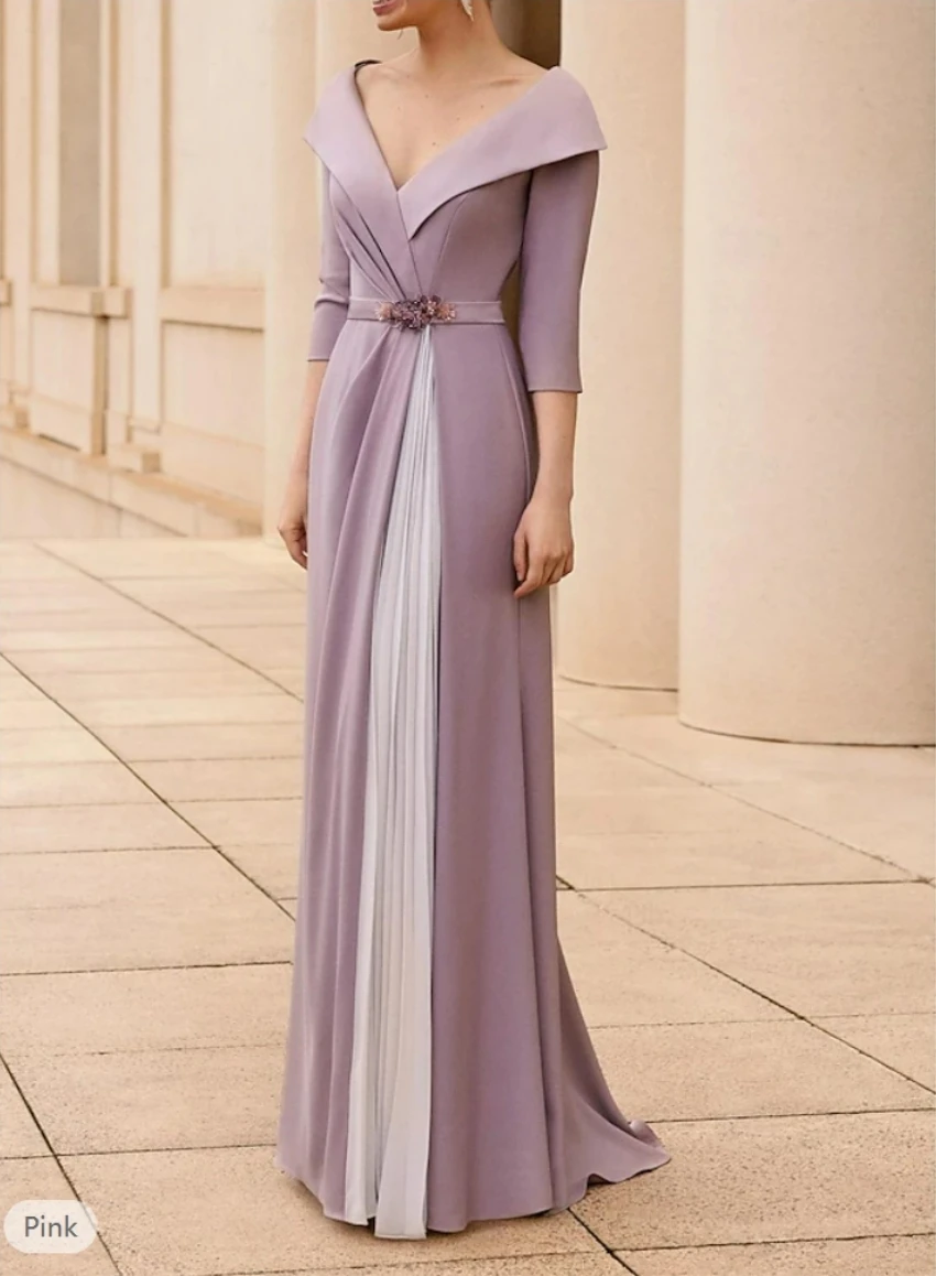 Mermaid Mother of the Bride Dress Elegant V Neck Chiffon 3/4 Length Sleeve with Crystal Brooch 2024