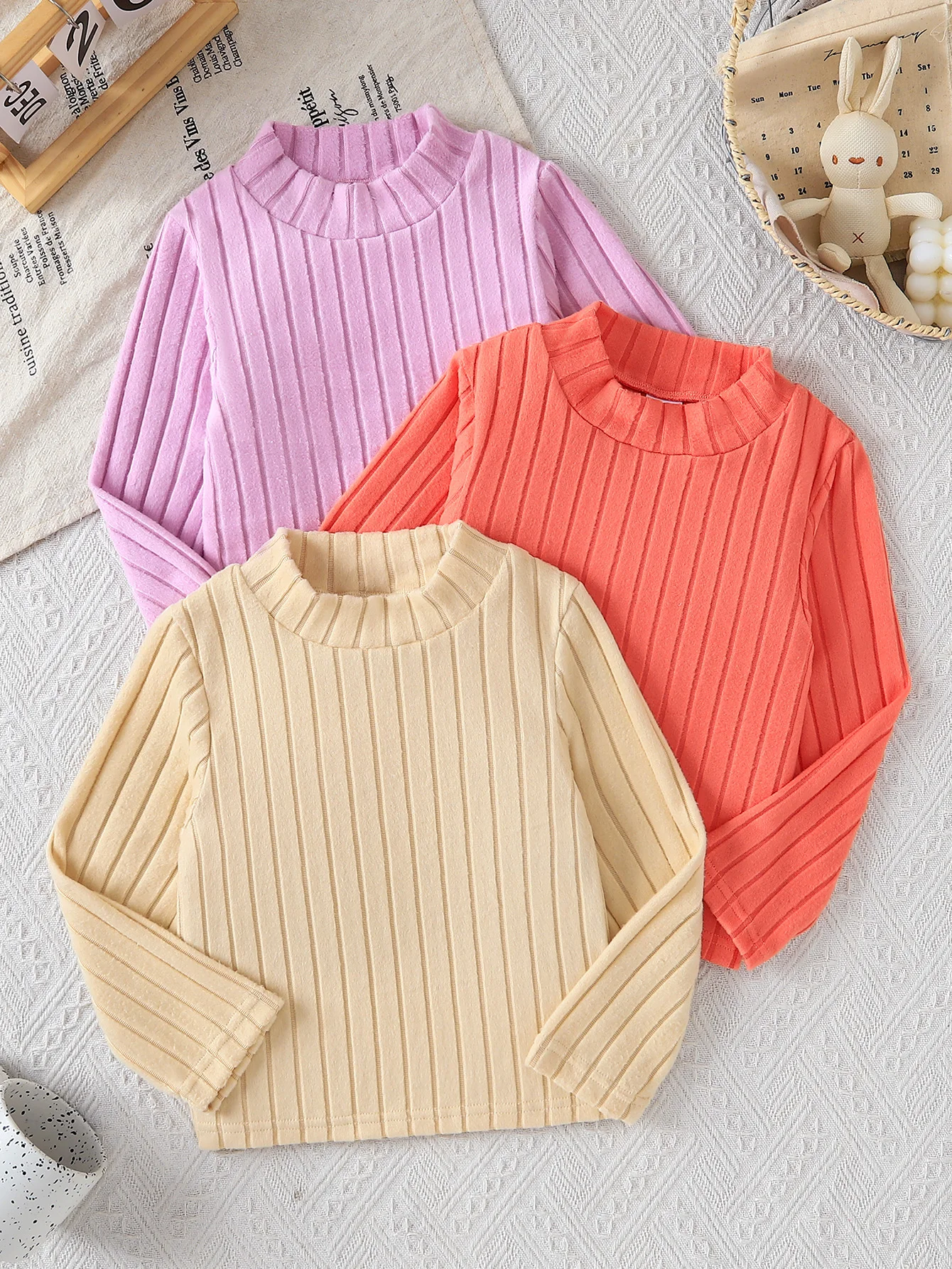 1Pc Spring Autumn Kids Vertical Stripe Mock Neck Shirts, Soft Fuzzy Long Sleeve Thermal Tees, Cute Versatile Basic Tops