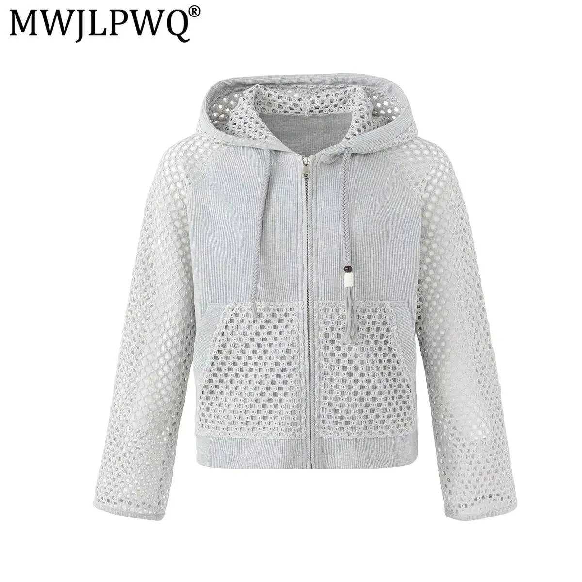 MWJLPWQ Mesh Hollow Design Hooded Cardigan Jacket Male Drawstring Zipper Trendy Hoodie Street Style Tops 2026 Autumn New 20066