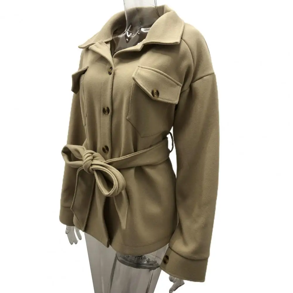 Manteau d'hiver chaud et élégant pour femme, coupe couvertes, col rabattu ceinturé, fermeture à boutons, poche poitrine pour femme