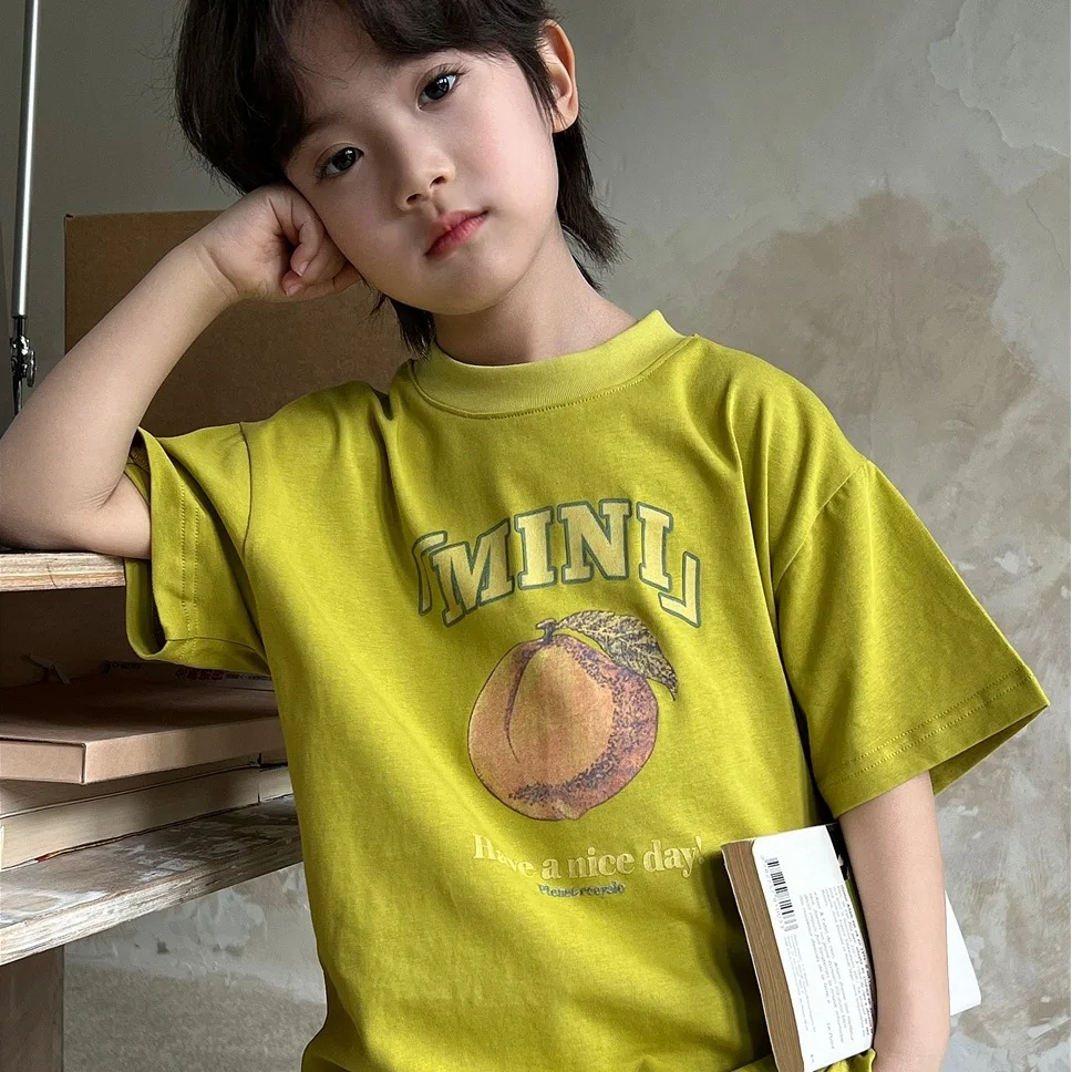 

2025 Spring Summer Children's Short Sleeved Trendy Korean Edition Peach Boys and Girls' Elegant Short Sleeved T-shirt