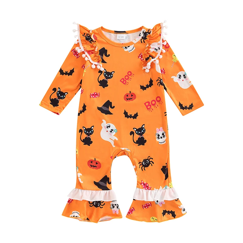 Adorable Baby Girls Pumpkin Print Ruffle Sleeve Romper Halloween Costume Jumpsuit for Newborn Infant Toddler