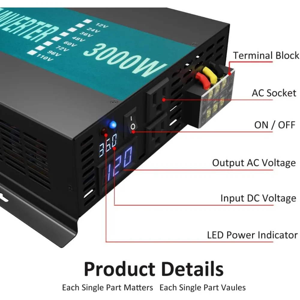 3000W 36V 120V Pure Sine Wave Power Inverter with 2 AC Outlets,Car Inverter, Model Number: RBP-300036