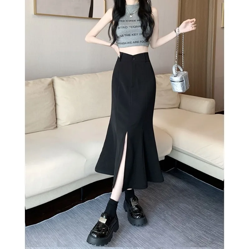 スリットフィッシュテール2025新作レディース秋冬Aラインミディ丈ハイウエストバッグヒップスカートロングスカート