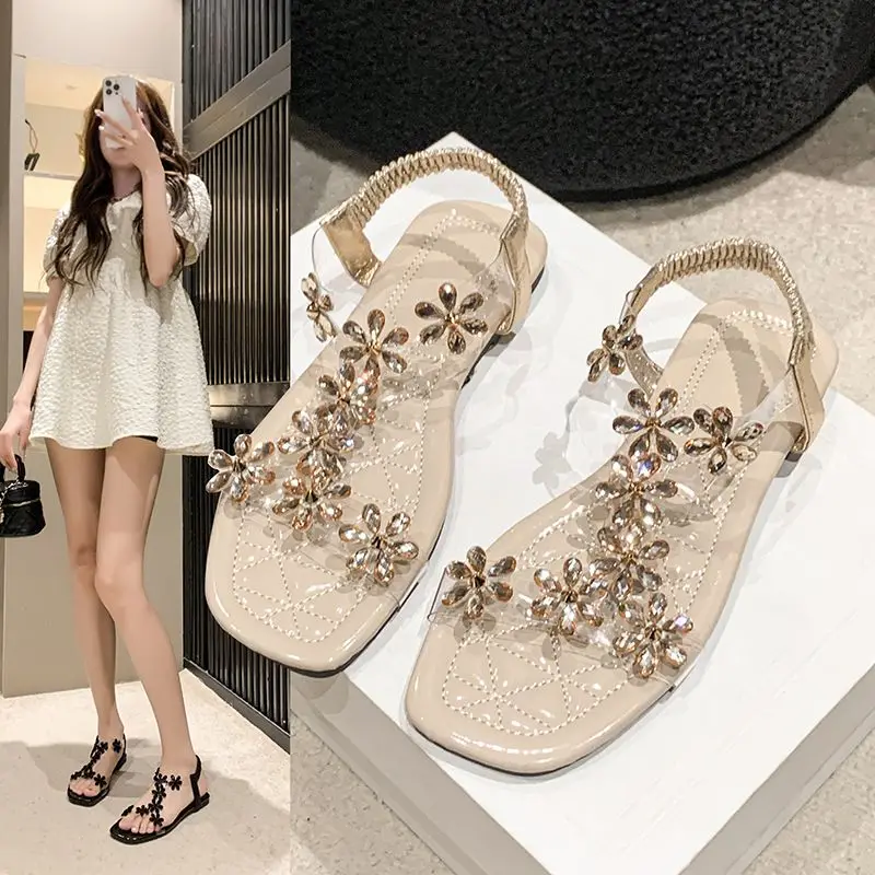 

Women's Sandals Summer 2026 Fairy Rhinestone Elastic Band Flats Shoes Bohemian Beach Shoes Comforta Non Slip Sandalias De Mujer