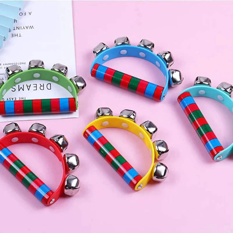 1PC Children\'s Intellectual Props Handbell Hand Bells With 5 Jingle Bells Wood Handle Musical Instrument Toy For Music Class