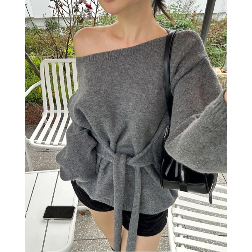 

Женский вязаный свитер Dongda Gate с поясом, приталенный крой, зимняя новинка, французский стиль, свободный крой, средней мягкости, с длинными рукавами