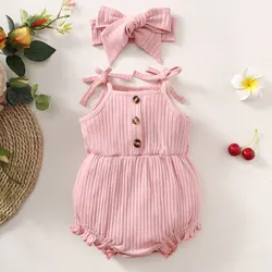 0-9 Months Newborn Baby Girl Romper Pink Ribbed Sling Bodysuit+ Headwear Summer Fashion Cute Button Decoration Jumpsuit