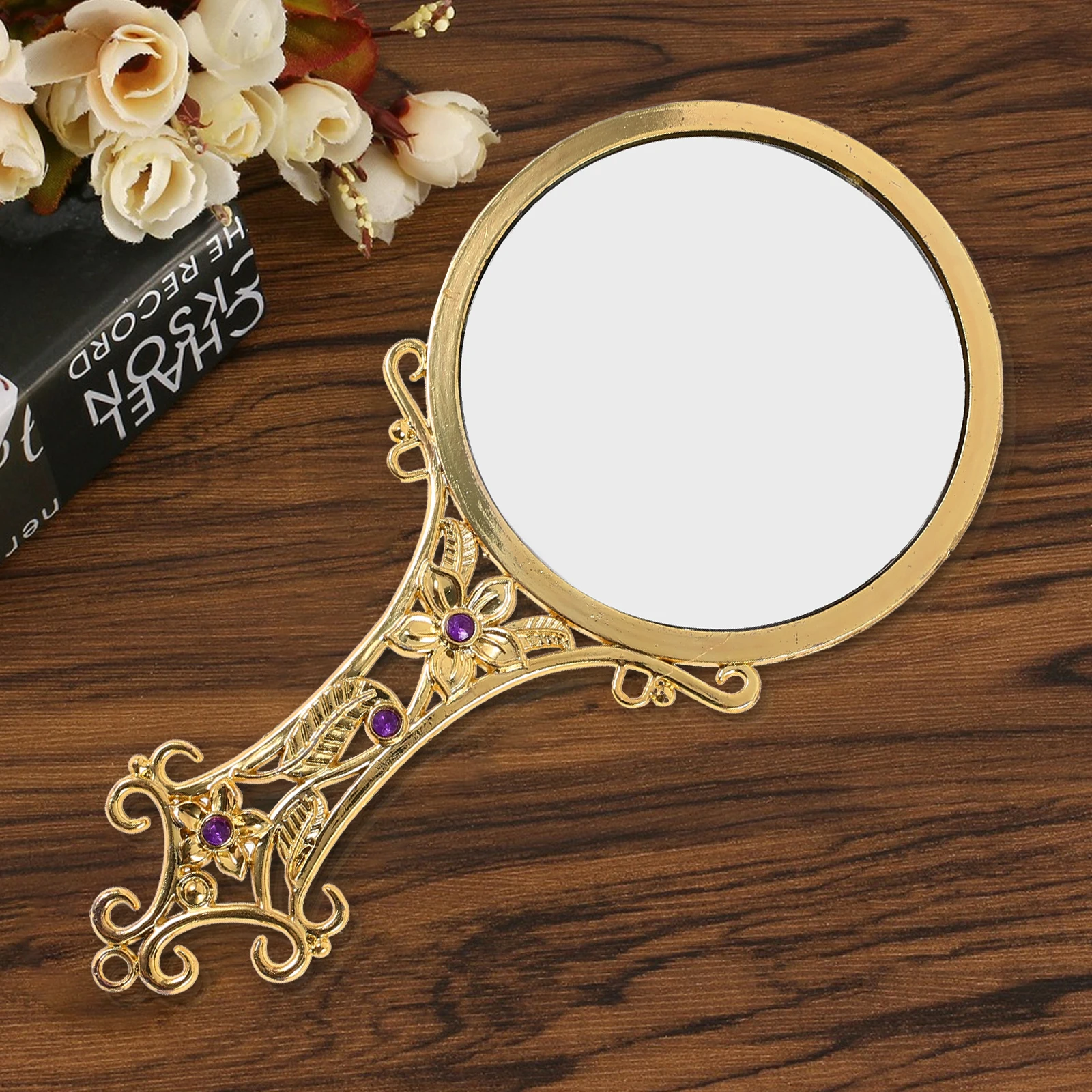 

Mirror Handle Comb Set Make up Portable Makeup with Light Golden Alloy Glass Travel