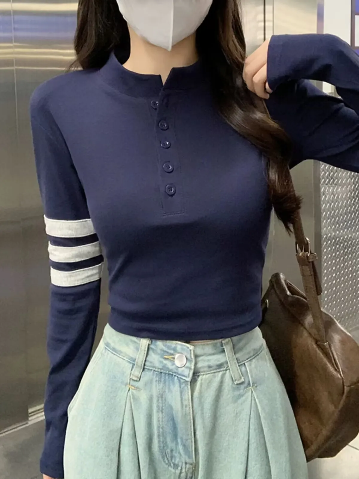 Korean Version Trend Bottoming Casual Female Autumn Winter Woman Slim Chic O-neck T-shirt Button Striped Simple Blouse Solid