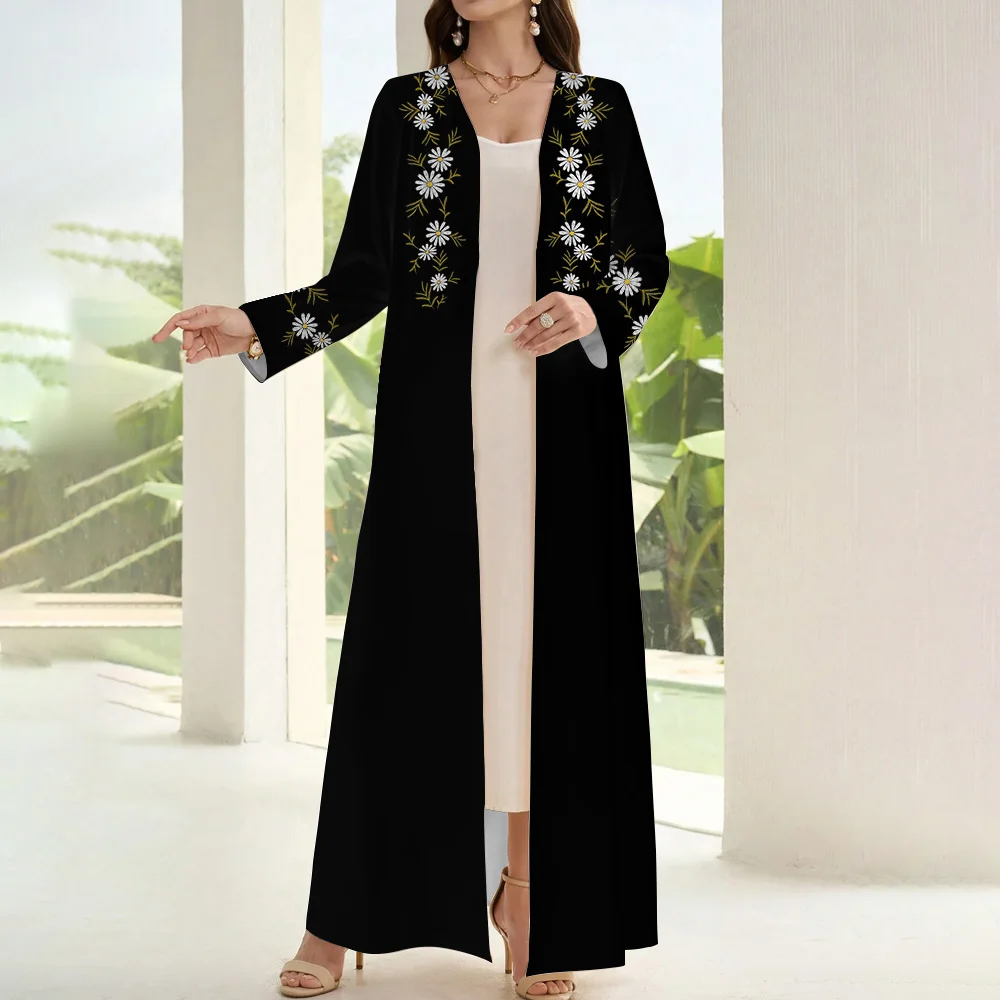 Black Open Kimono Abaya women Islam Muslim Elegance Floral-printed Two-piece Dubai Kaftan Coat Abayas Women Jalabiya Vestido