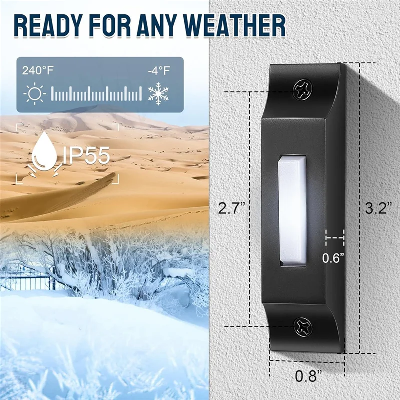 زر جرس الباب المضاء A93E-LED، أزرار ضغط جرس الباب المعدنية الصلبة والأنيقة المثبتة على الحائط للمنزل، باب المرآب العالمي