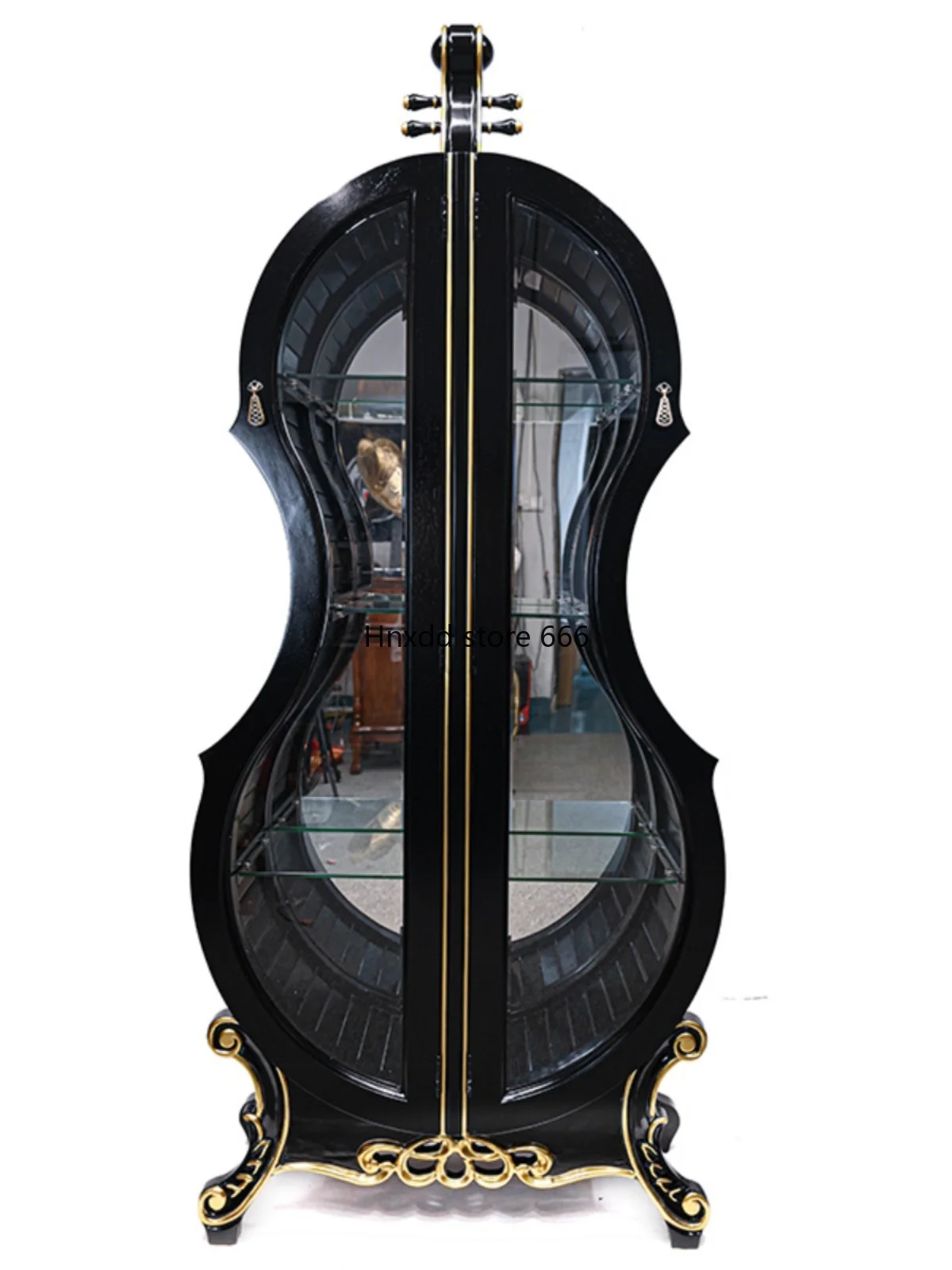 Violin wine cabinet solid wood carving flower glass double door