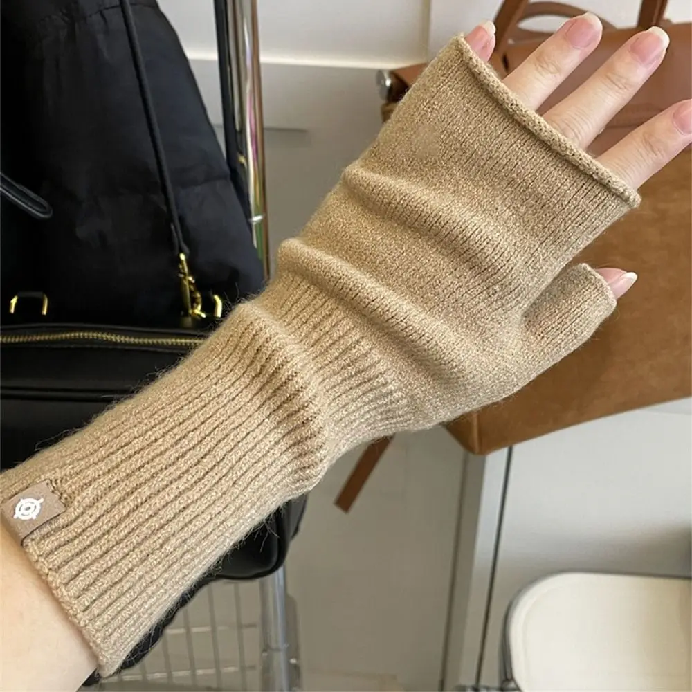 Fashion Warm Knitted Gloves Long Elastic Half Finger Gloves Solid Colour Fingerless Mittens for Students