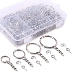 100set Key Chain Rings Kit, 100Pcs Keychain Rings with Chain and 100Pcs Jump Ring with 100Pcs Screw Eye Pins Bulk for Jewelry