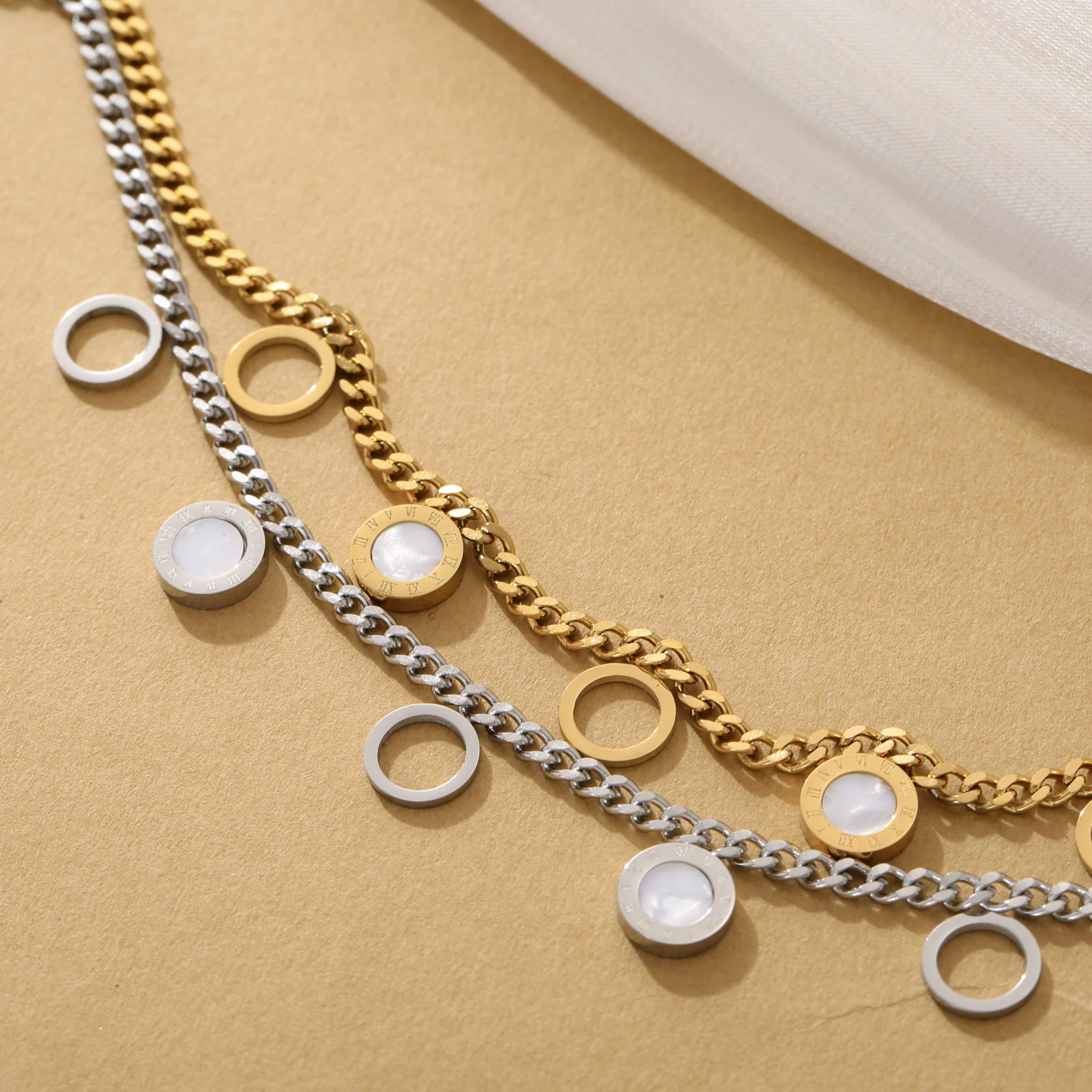 

Golden Tone Stainless Steel 5 Heart Charm Bracelet, Dainty Cuban Chain with Shell Inlay, Hypoallergenic for Women