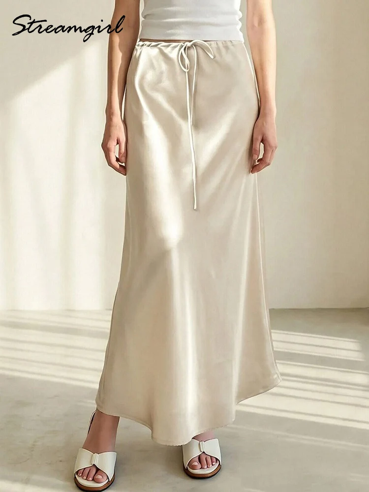 Brown Long Satin Skirts Women Luxury Maxi Autumn Summer High Waist Silk Black Skirt Long Straight Shining Beige Satin Skirt Maxi