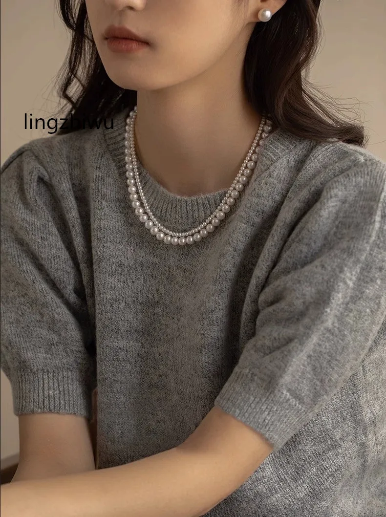 

lingzhiwu Korean Designer Top Quality Double Layer Pearls Vintage Necklace Female Choker Necklaces New Arrival