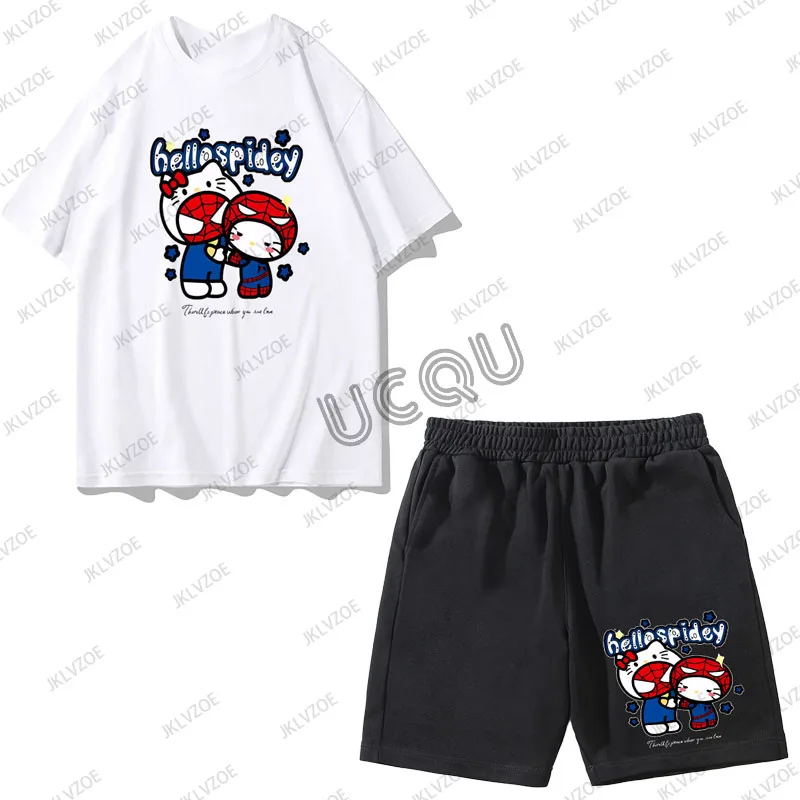 Summer Men Set Cotton 2-piece Set Hello Kitty Spider-Man T-Shirt Shorts Pants Suit Casual Tracksuit Oversized Clothes Sport Sets