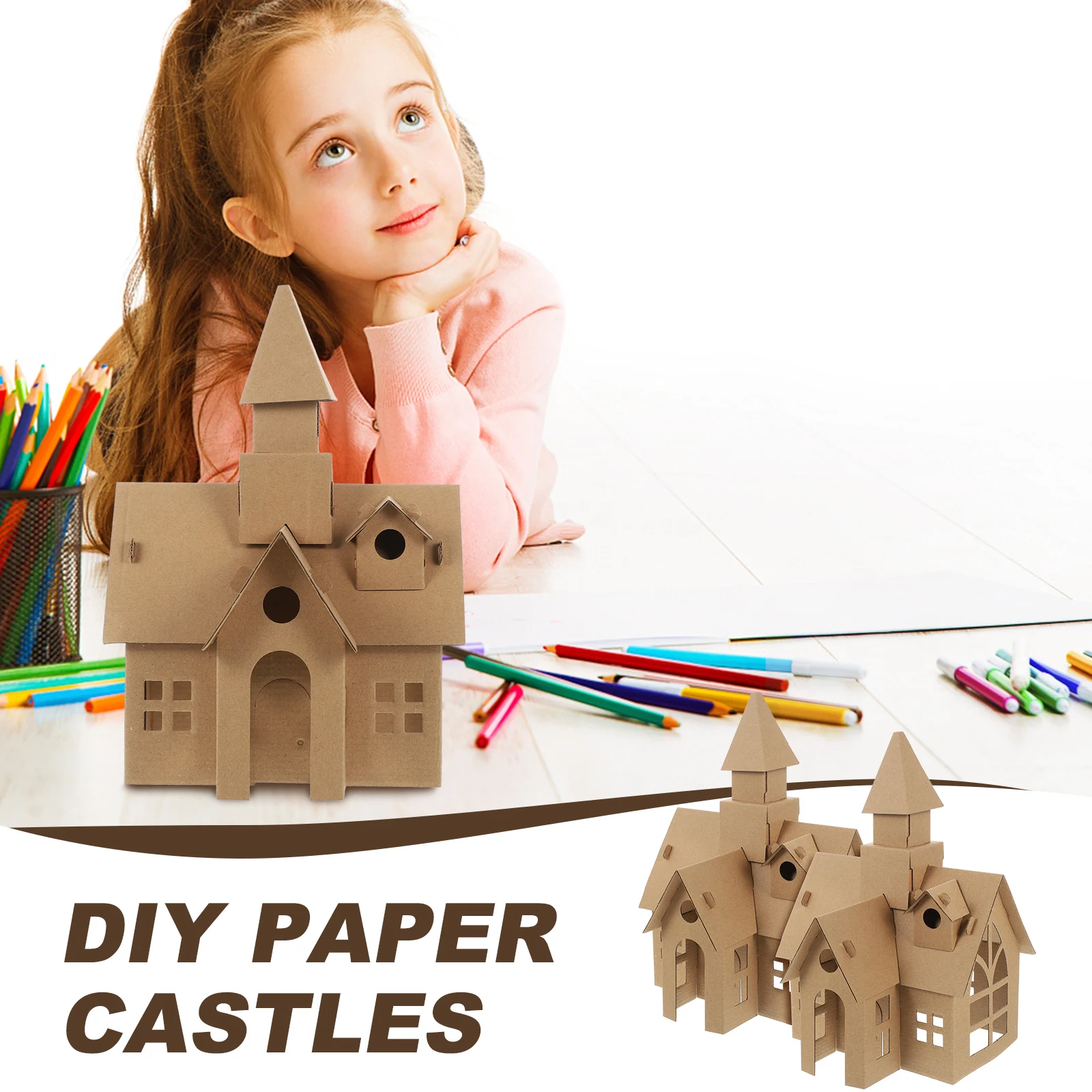 

2pcs Cardboard House Building Castle DIY Kids Toys Educational Kits Mini Blank Draw Houses Playthings