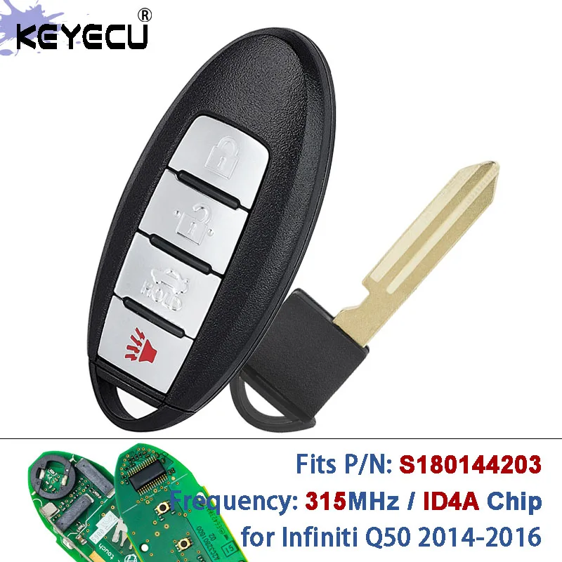 KEYECU P/N: S180144203, 285E3-4HD0A, 285E3-4HD0C 434MHz 4A Chip Keyless-Go Chave remota inteligente para carro para Infiniti Q50 2014-2016