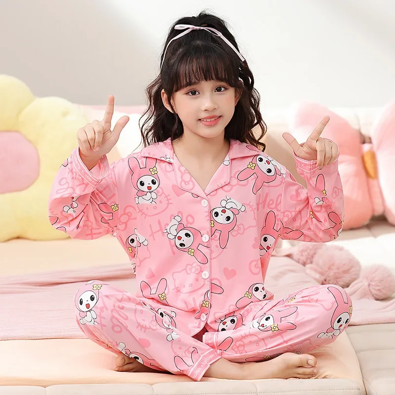 Sanrio Kulomi autumn new cotton long-sleeved trousers two-piece set children's women's pajamas children's loungewear set