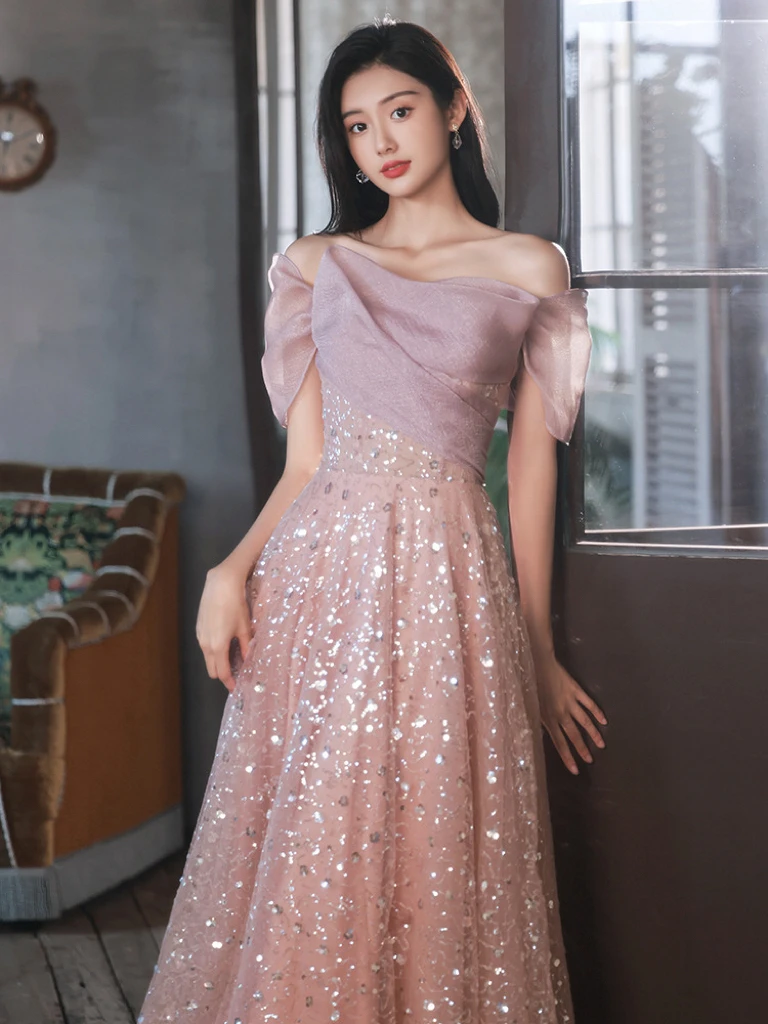 

Pink Bridesmaid Dresses Sequin Elegant Off Shoulder Long A-Line Luxury Lace Shiny Evening Wedding Party Toast Woman Prom Gowns