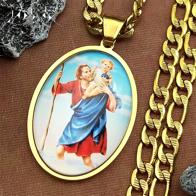 

Christian Saint Joseph Baby Jesus Glass Medal Pendant Necklace for Women Men Stainless Steel Gold Color Amulet Punk Jewelry