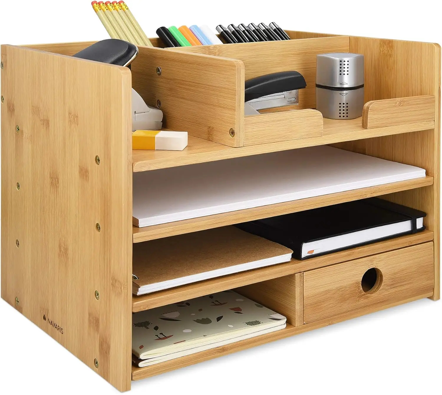 

Navaris Bamboo Desk Organizer - Wood Desktop Storage Drawers and Compartments for