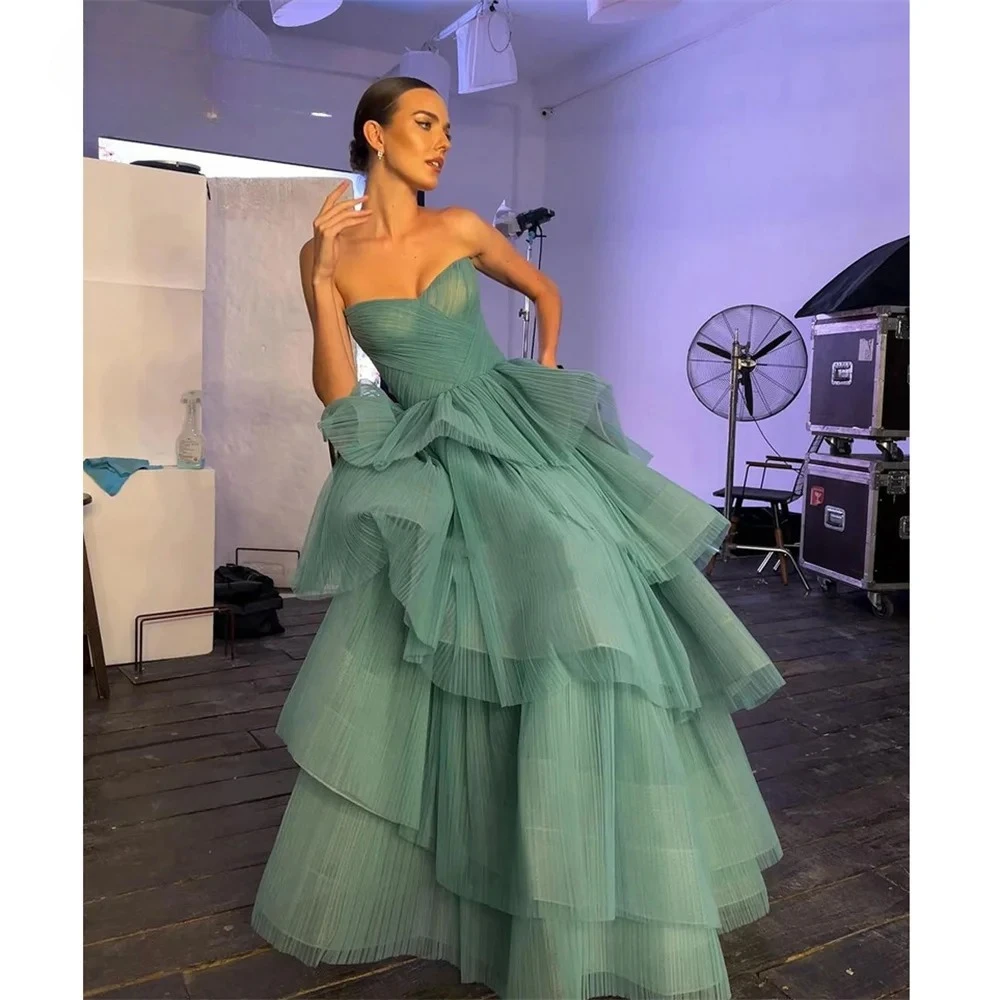 فساتين سهرة خضراء على شكل حرف a من التل للنساء للحفلات الراقصة فستان الأميرة المتدرج على شكل قلب فساتين رسمية مناسبة رسمية مخصصة #2