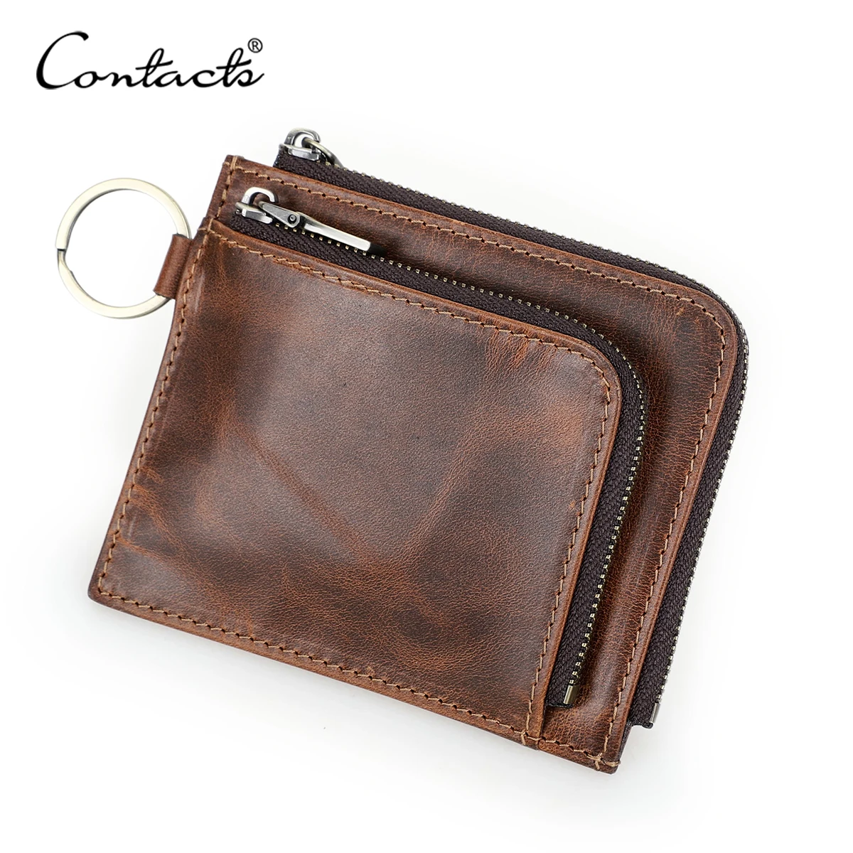 CONTACT'S Genuine Leather Men Short Wallets Full Grain Leather Mini Wallet Key Chain AirTag Card Holder Mioney Clip Coin Purses