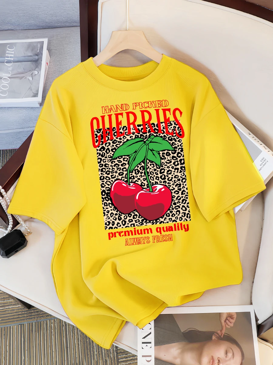 Handgeplukte kersen altijd verse afdrukken T-shirt dames ronde hals T-shirts zomer losse kleding veelkleurige korte mouw