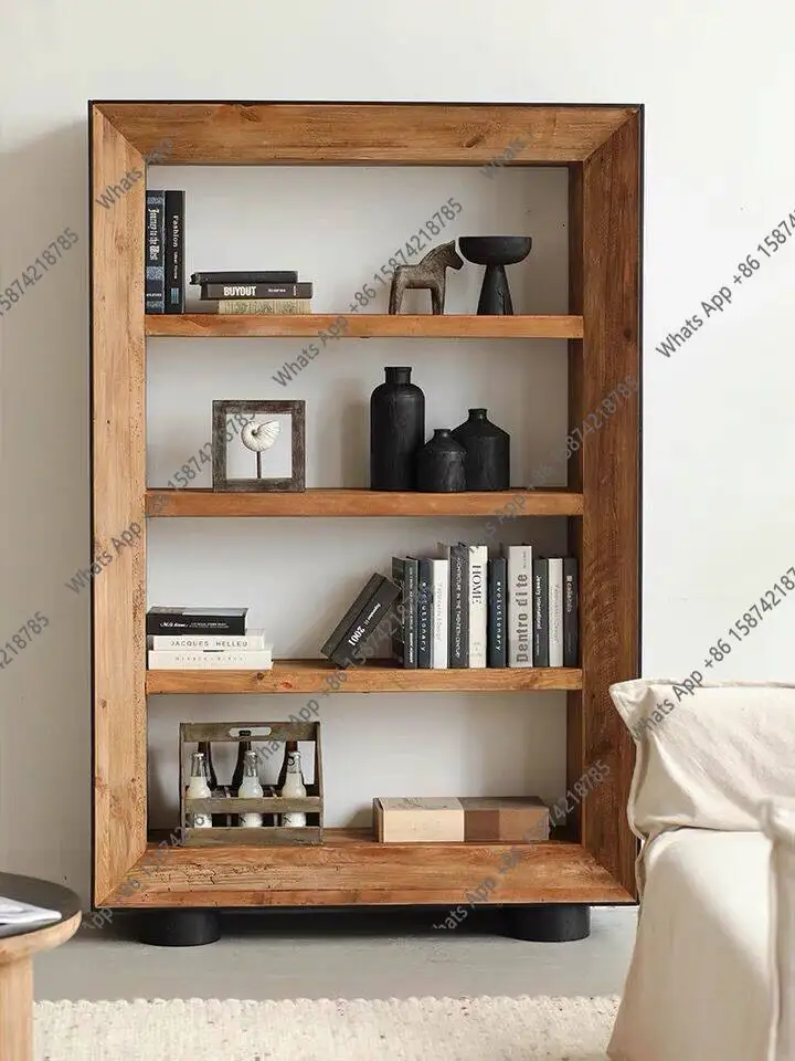 Wabi-sabi color matching solid wood bookcase shelf floor-to-ceiling black style decorative log retro pine bookshelf