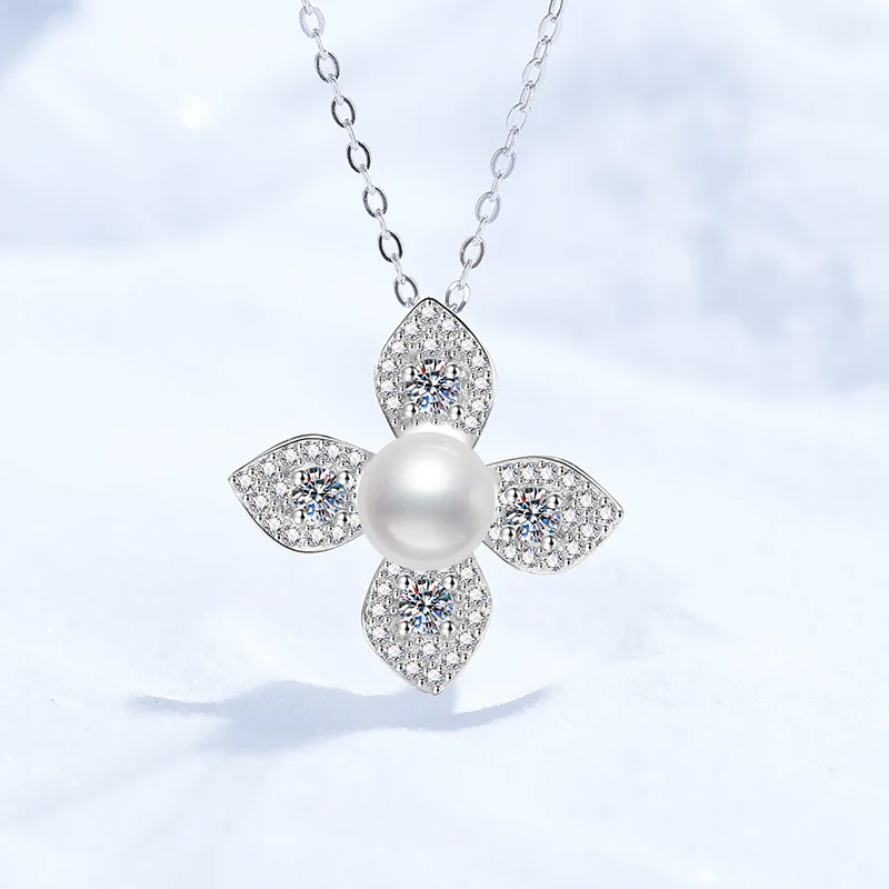 

Ожерелье из натурального пресноводного жемчуга высокого класса с цветным муассанитом, универсальное ожерелье из четырехлистного клевера, платиновое ожерелье PT95018kGold для женщин