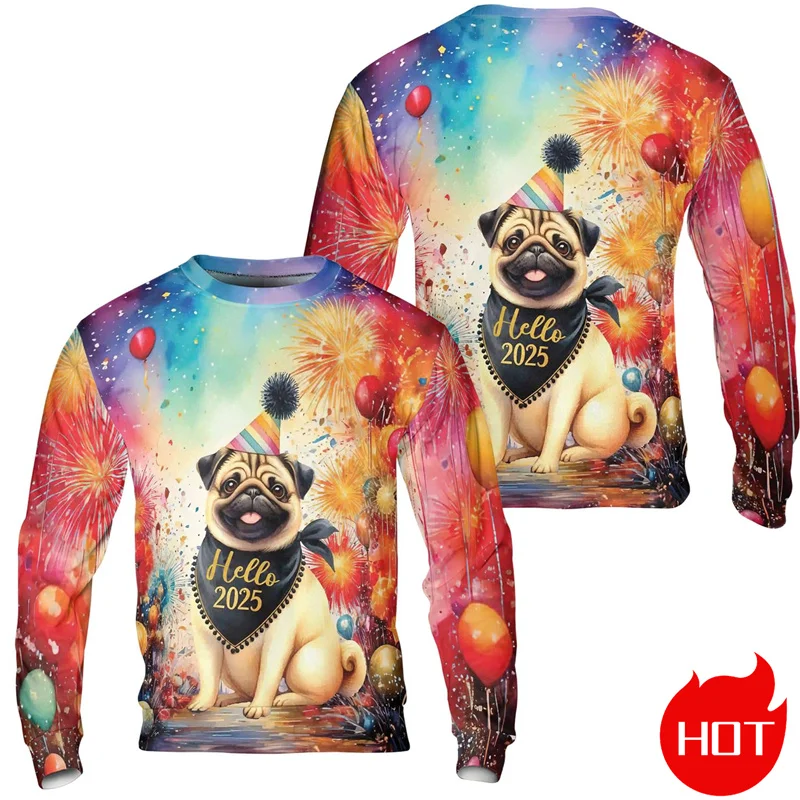 3D Printed Happy New Year 2025 Sweatshirts Bull Terrier Firework Graphic Round Neck Sweatshirts Women Fashion Mens Clothing Tops