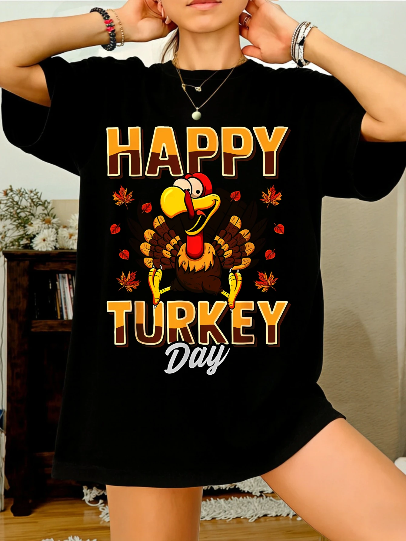 

Women's Oversized Cotton Short Sleeve Summer Funny Happy Turkey Day Graphic Tshirt Casual Everyday Gift for Her