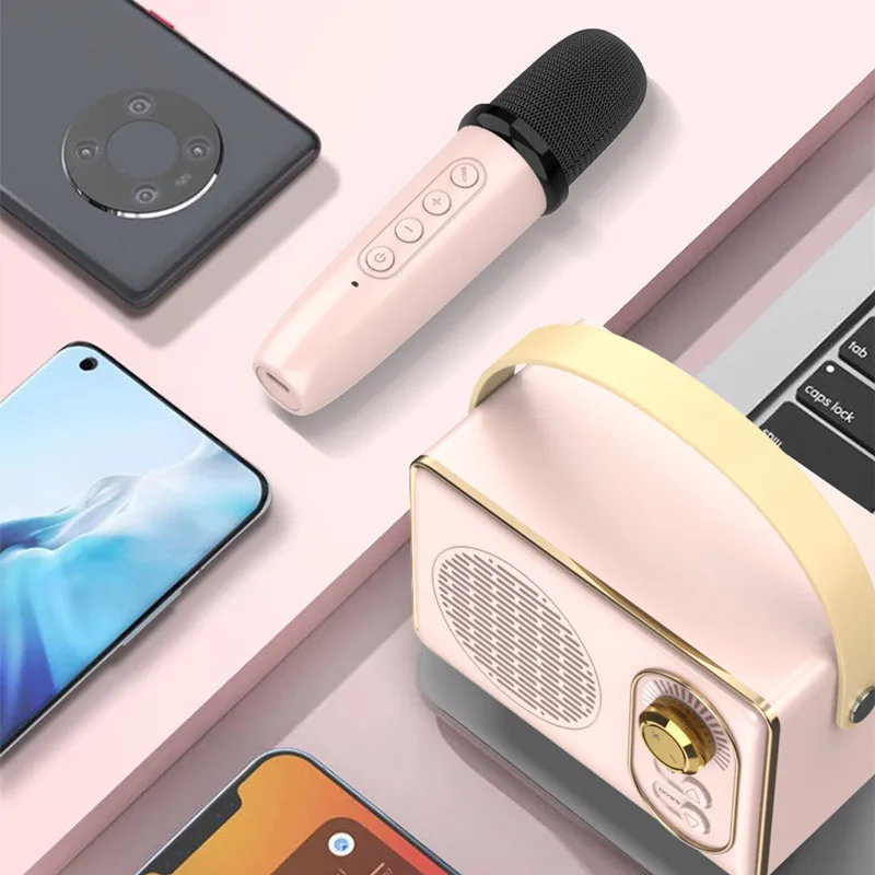 

Портативный беспроводной микрофон в стиле ретро, караоке-машина, HIFI, стерео Bluetooth-динамик, громкая громкость, MP3-плеер, слот для TF-карты для IPhone Android