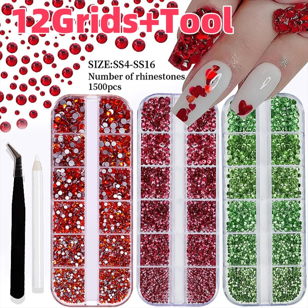 12 شبكة (1500 قطعة) أحمر/أخضر أظافر ثلاثية الأبعاد أحجار الراين مسطحة مستديرة كريستال جوهرة + 1 تلوين + ملاقط الكوع مهرجان مانيكير زينة
