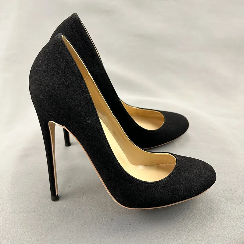 Veowalk 10cm 12cm Black Suede Women Elegant Essential Round Toe Stiletto Pumps Customizable Slip On High Heel Shoes Size 33-46