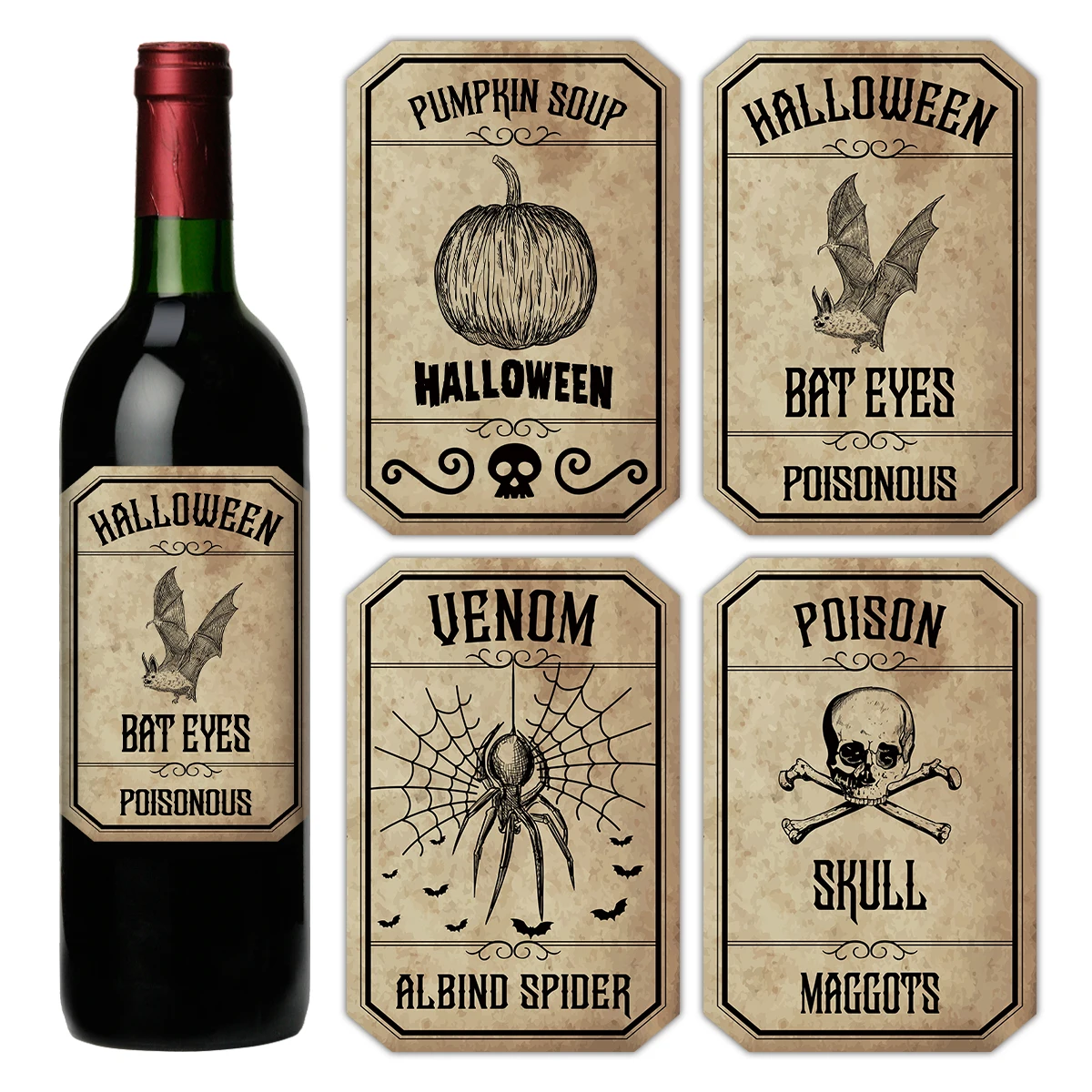 4 pezzi adesivi per bottiglie di vino di Halloween spettrale decalcomanie in vinile impermeabile decorazioni per feste divertenti etichette per