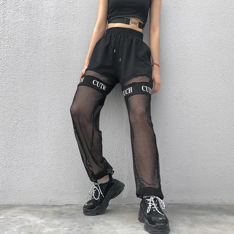 2023 Sweatpants Trousers Women's Sports High-waisted Trousers Fishnet Streetwear Loose Patchwork Letter Cutout Mesh Pants Bottom